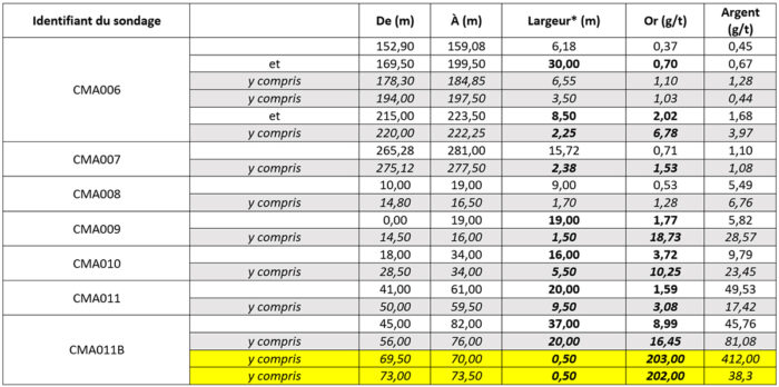 Résultats d'analyses concernant l’or et l’argent historiquement exploités par COGEMA