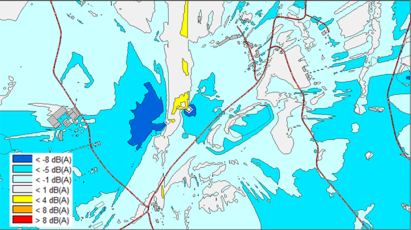 Représentation cartographique des gains acoustiques apportés par la mise en place des protections acoustiques