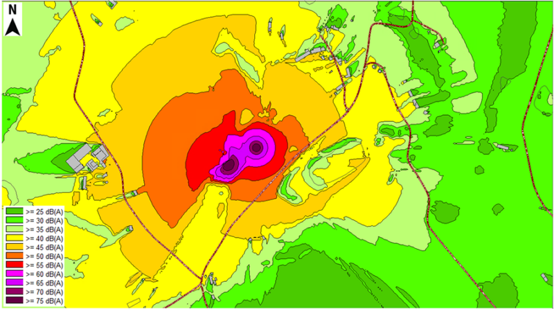 Représentation cartographique de la propagation sonore sur le site de Laurieras SANS protection acoustique avec deux sondeuses en marche