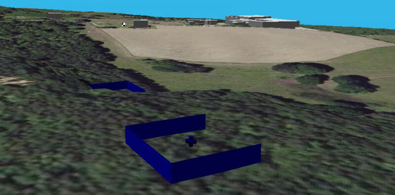 Représentation des écrans acoustiques utilisés dans le modèle acoustique, en forme de U et ayant les caratéristiques de la paille pour l’absorbtion du bruit