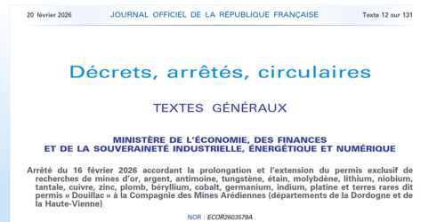 Arrêté paru au JORF le 20 février 2026 accordant la prolongation et l’extension du PER Douillac
